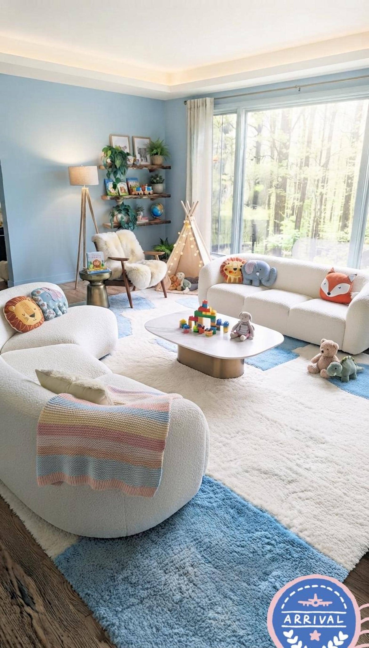 Blue Geometric Shag Area Rug, Handmade Cream 3D High Pile Design, Modern Home Decor | Made to Order