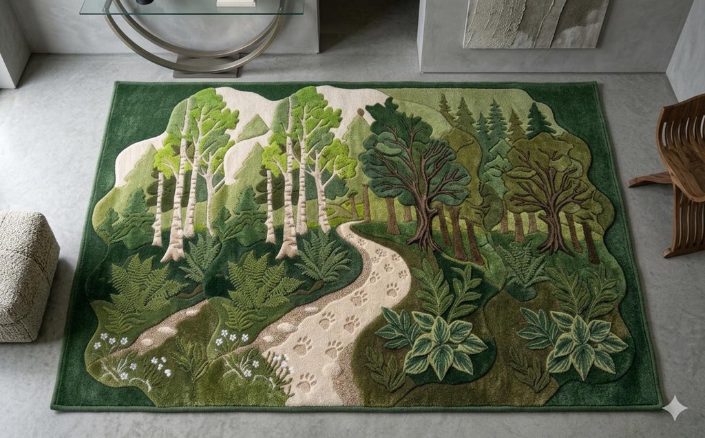Forest Landscape Rug, Woodland Trail Mat for Nature Lovers, Hand-Carved Birch Trees | 100% New Zealand Wool | Made to Order