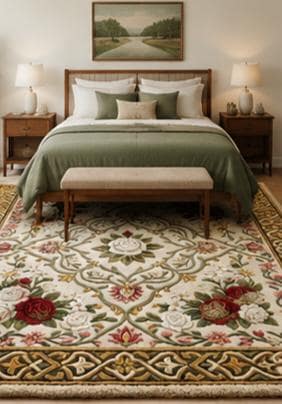 Luxury 3D Sculpted French Rose Medallion Hand-Tufted Rug – Red & White Floral Aubusson Carpet | Made to Order