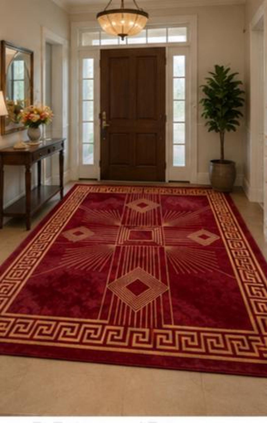 Red Geometric Area Rug, Art Deco Crimson and Gold Decor, Hand-Tufted Wool with Greek Key Border | 100% New Zealand Wool | Made to Order