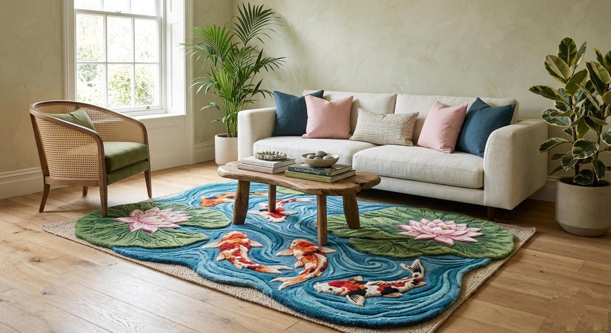Koi Fish Pond Rug, 3D Lotus Carpet, Japanese Decor Floor Mat | Made to Order