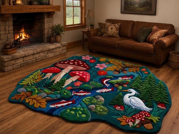 Enchanted 3D Sculpted Forest Stream & Mushroom Hand-Tufted Rug | 100% New Zealand Wool | Made to Order