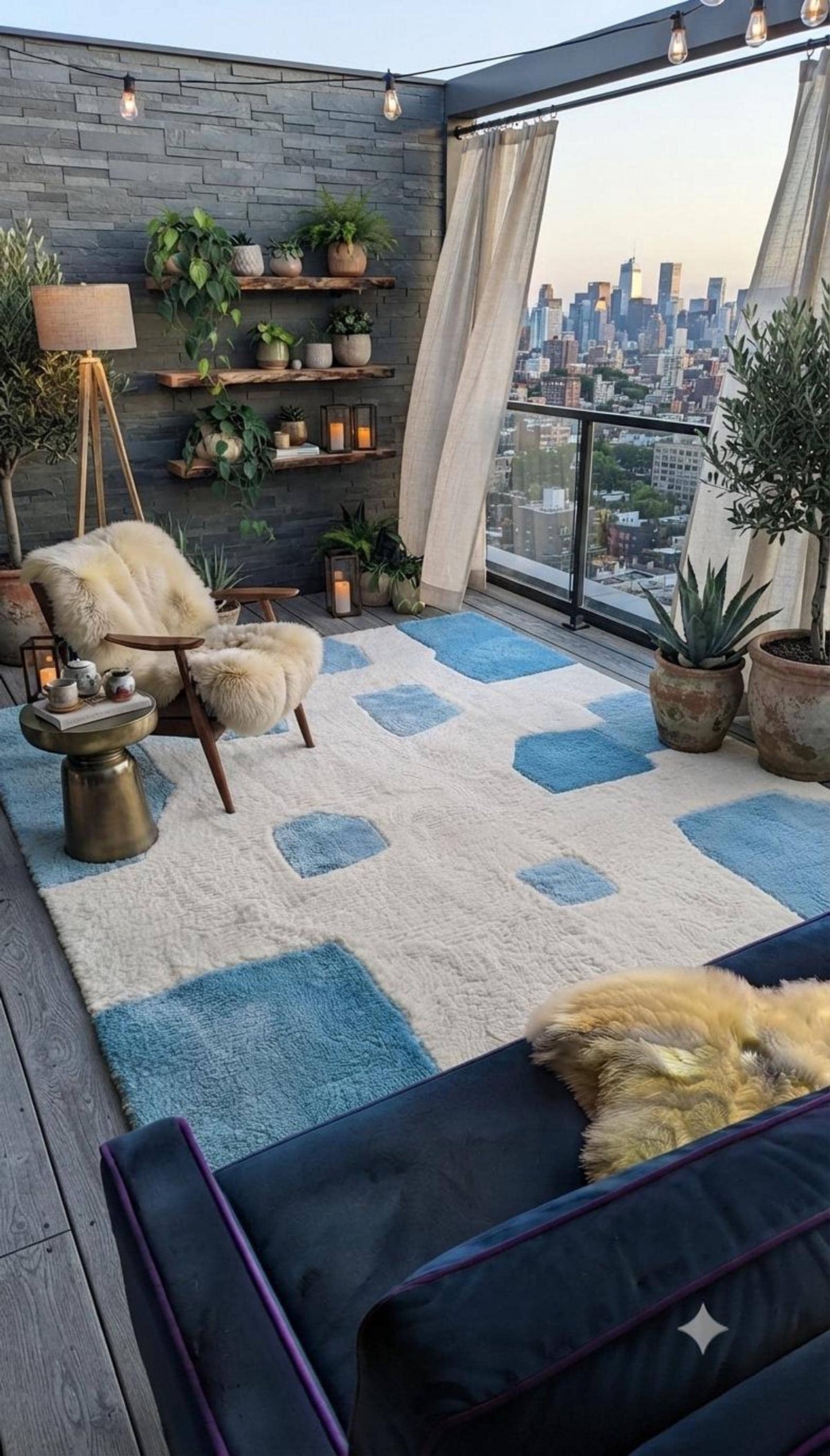 Blue Geometric Shag Area Rug, Handmade Cream 3D High Pile Design, Modern Home Decor | Made to Order