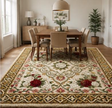 Luxury 3D Sculpted French Rose Medallion Hand-Tufted Rug – Red & White Floral Aubusson Carpet | Made to Order