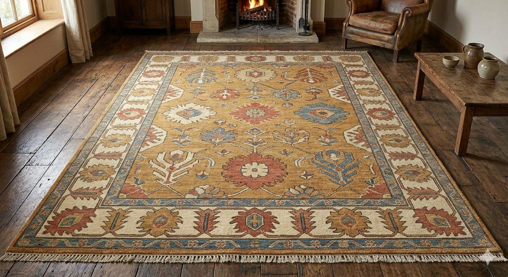 Hand Knotted Wool Oushak Rug – Mustard Gold Floral Carpet | Free Doorstep Delivery to USA (Made to Order)