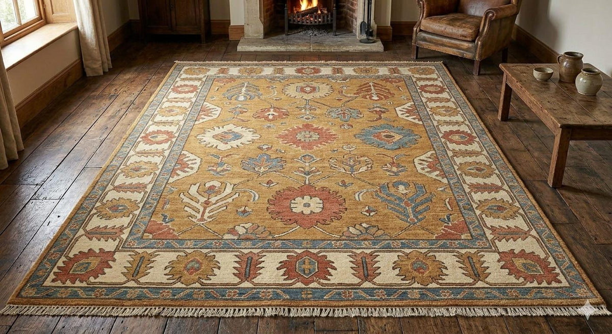 Hand Knotted Wool Oushak Rug – Mustard Gold Floral Carpet | Free Doorstep Delivery to USA (Made to Order)