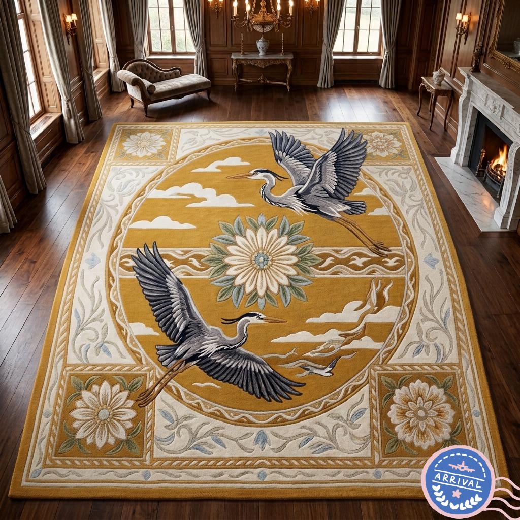 Flying Herons Baroque Border Rug – Ochre Gold & Slate Blue | 100% New Zealand Wool | Made to Order