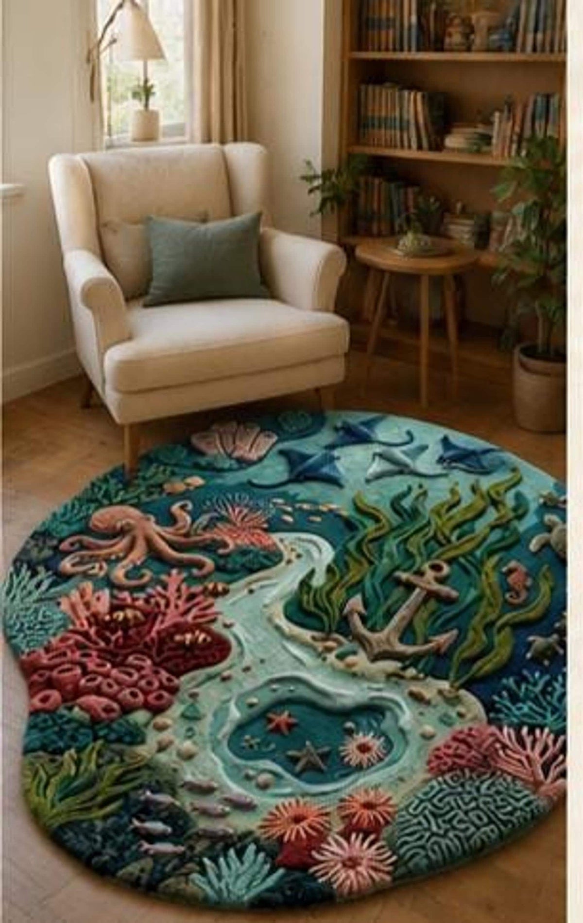 3D Ocean Area Rug, Hand-Tufted Wool Reef Scene, Octopus and Sea Turtle Kids Decor | 100% New Zealand Wool | Made to Order