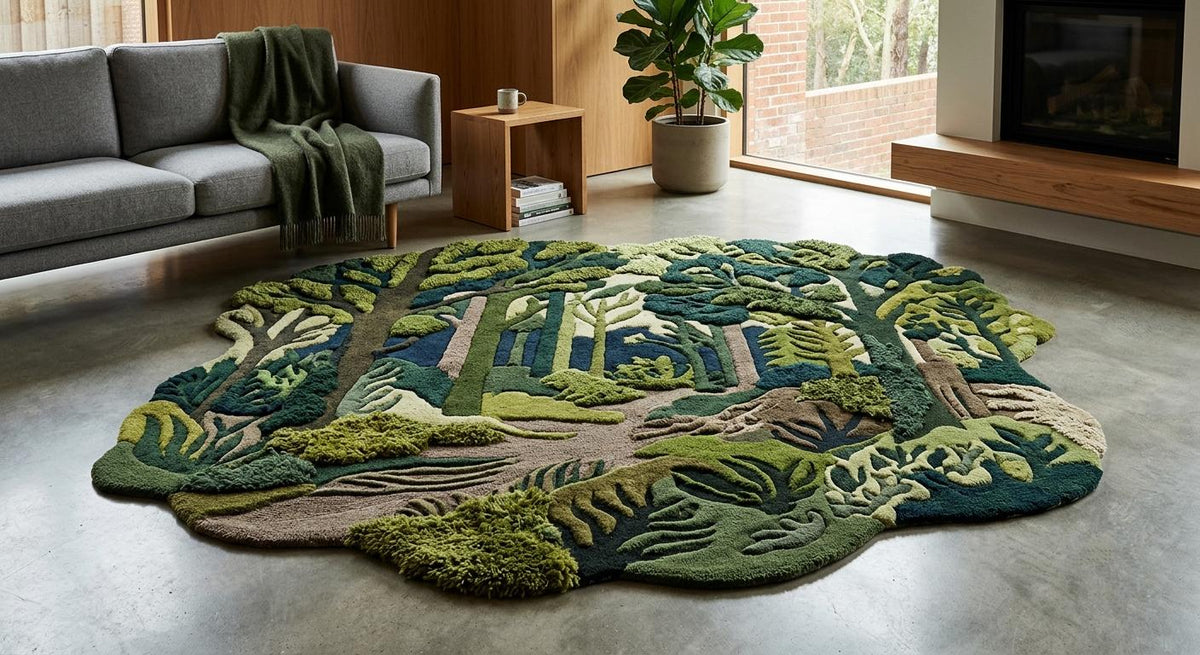 3D Carved Forest Canopy Rug – Handmade Wool Woodland Pathway Carpet | 100% New Zealand Wool | Made to Order