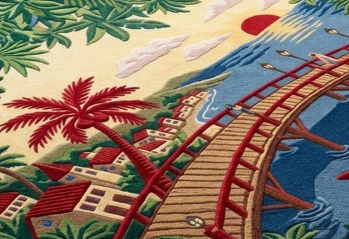 3D Coastal Area Rug, Hand-Tufted Pier Scene, Blue Waters with Pink Dolphins | 100% New Zealand Wool | Made to Order