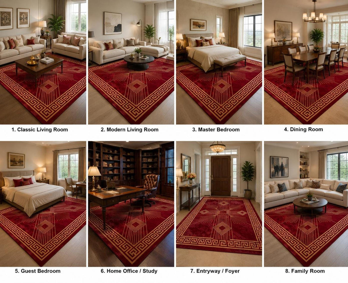 Red Geometric Area Rug, Art Deco Crimson and Gold Decor, Hand-Tufted Wool with Greek Key Border | 100% New Zealand Wool | Made to Order