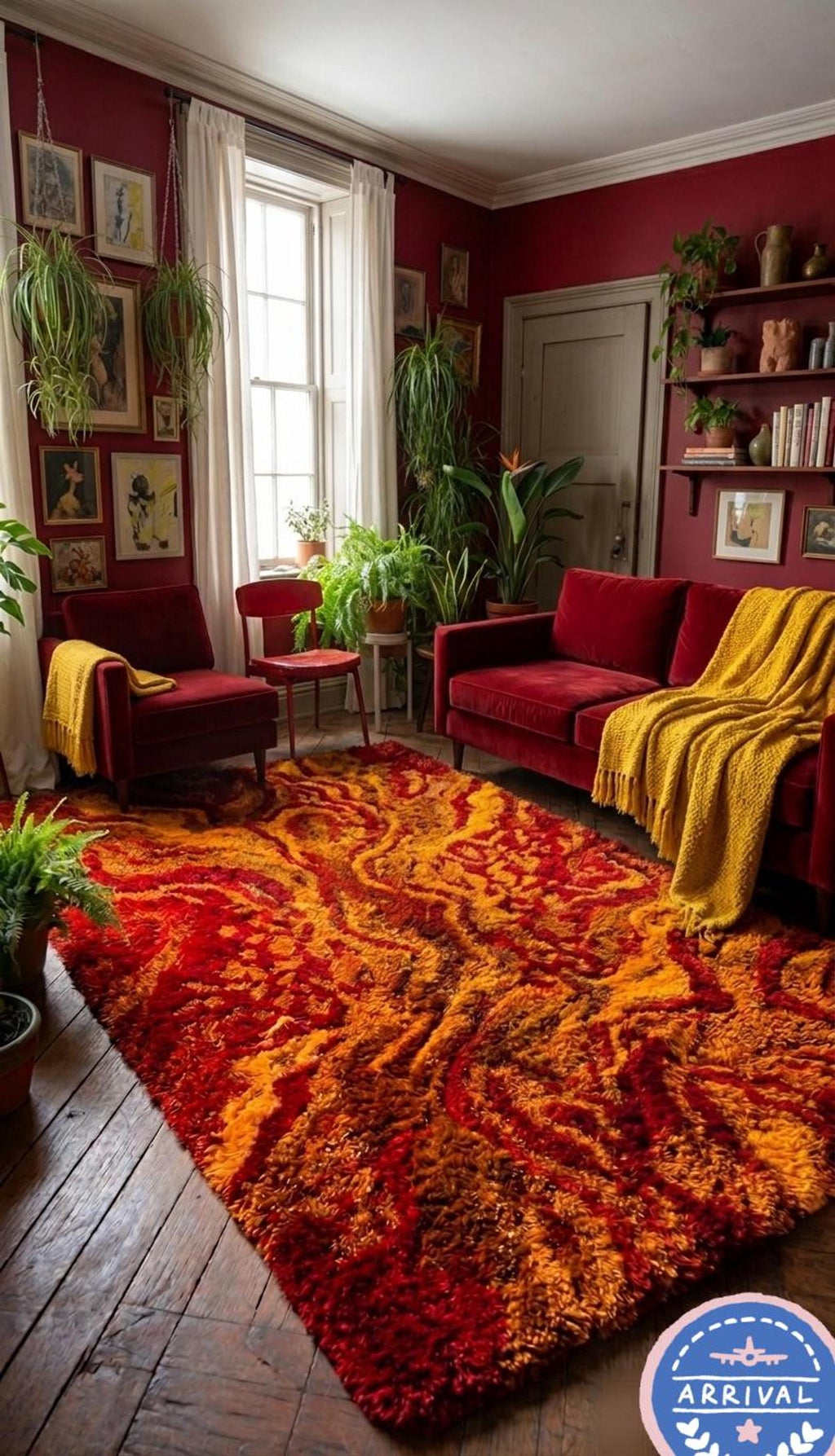Red Orange Abstract Area Rug, Mid Century Boho Living Room Decor, High Pile Shag Mat | Made to Order