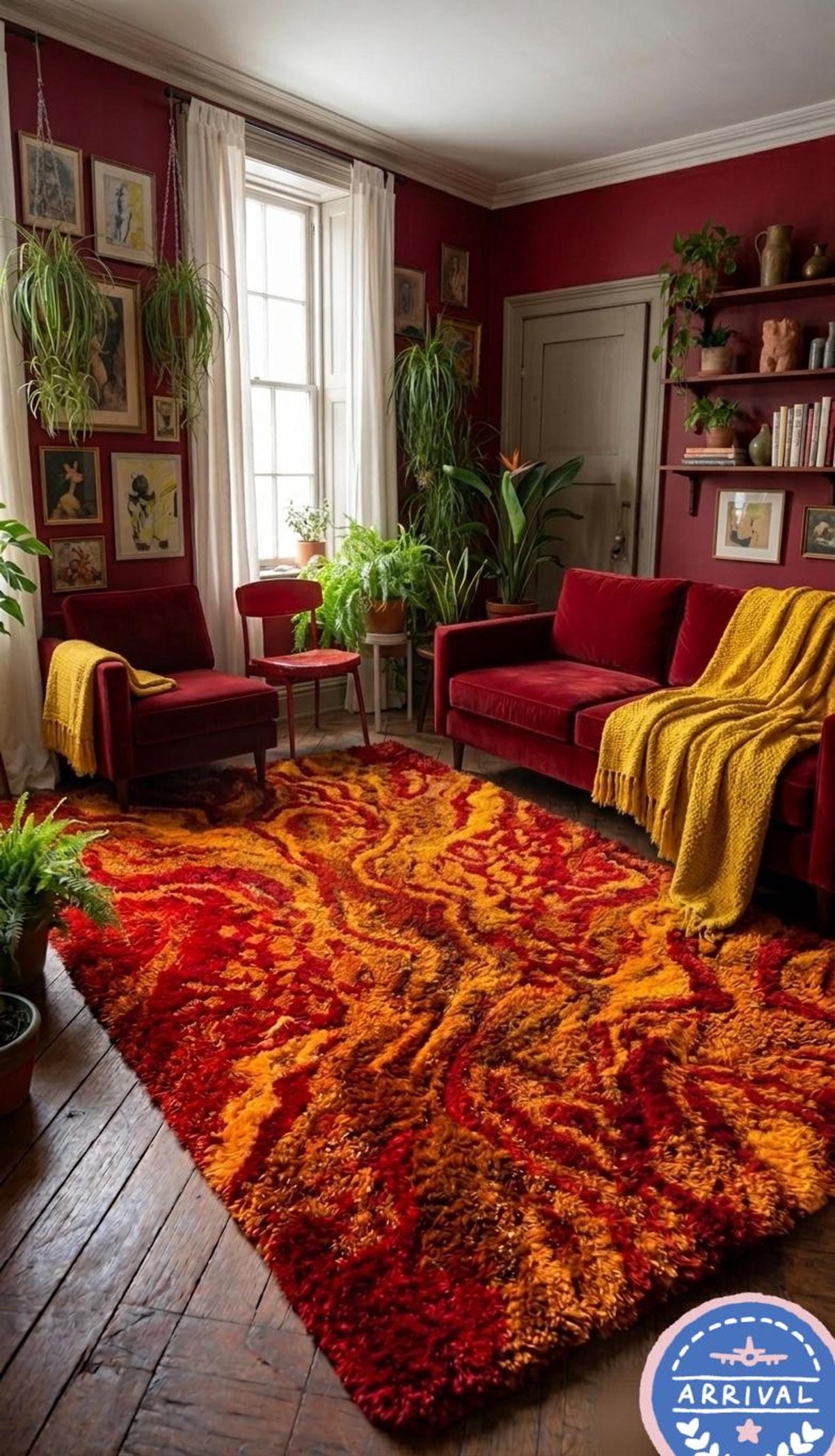 Red Orange Abstract Area Rug, Mid Century Boho Living Room Decor, High Pile Shag Mat | Made to Order