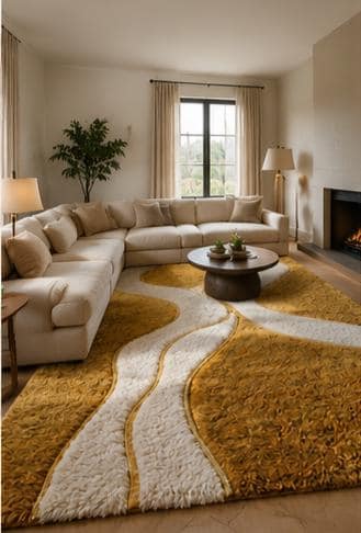 Handcrafted Wool Shag Rug – Mustard Gold Wavy Line Area Carpet | 100% Wool | Made to Order