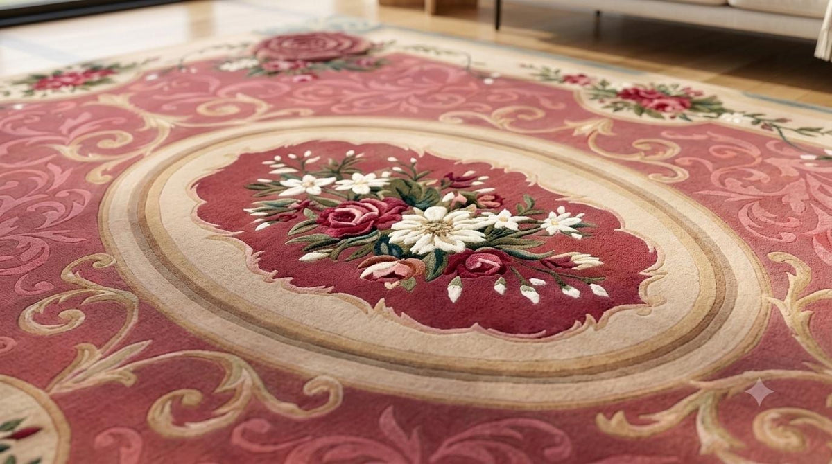 Hand-Tufted Wool Rug – French Rose Medallion, Dusty Rose Floral Aubusson Carpet | Made to Order