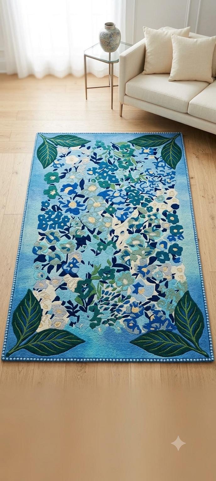 3D Hand-Tufted Wool Rug – Coastal Botanical Ocean Blue Carpet | 100% New Zealand Wool | Made to Order