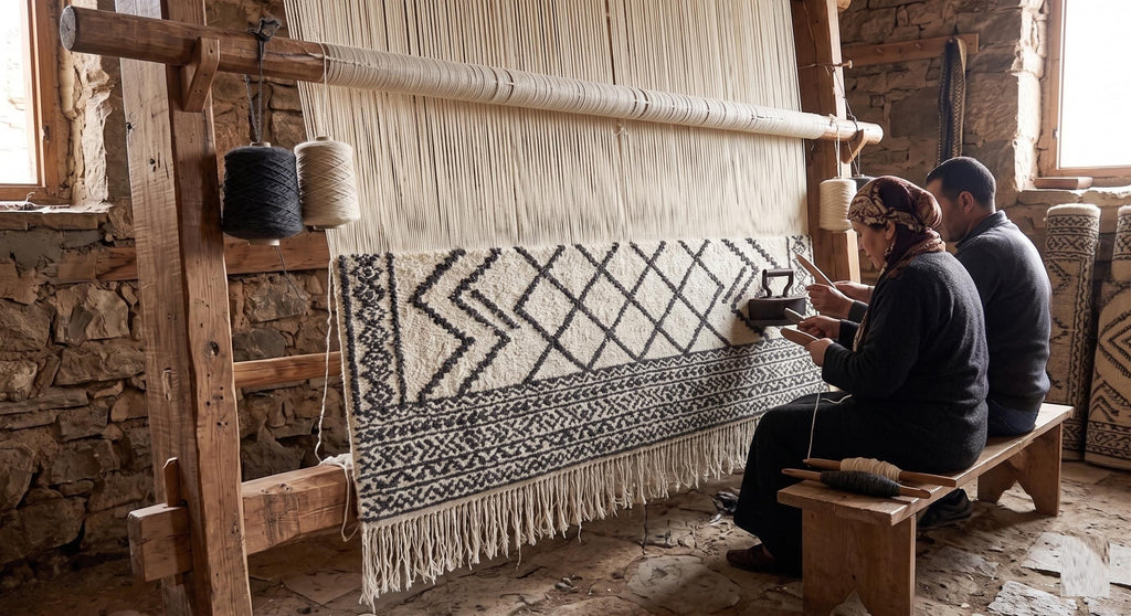 Hand Knotted Wool Area Rug – Black & Cream Fringed Farmhouse Style | Free Doorstep Delivery to USA (Made to Order)