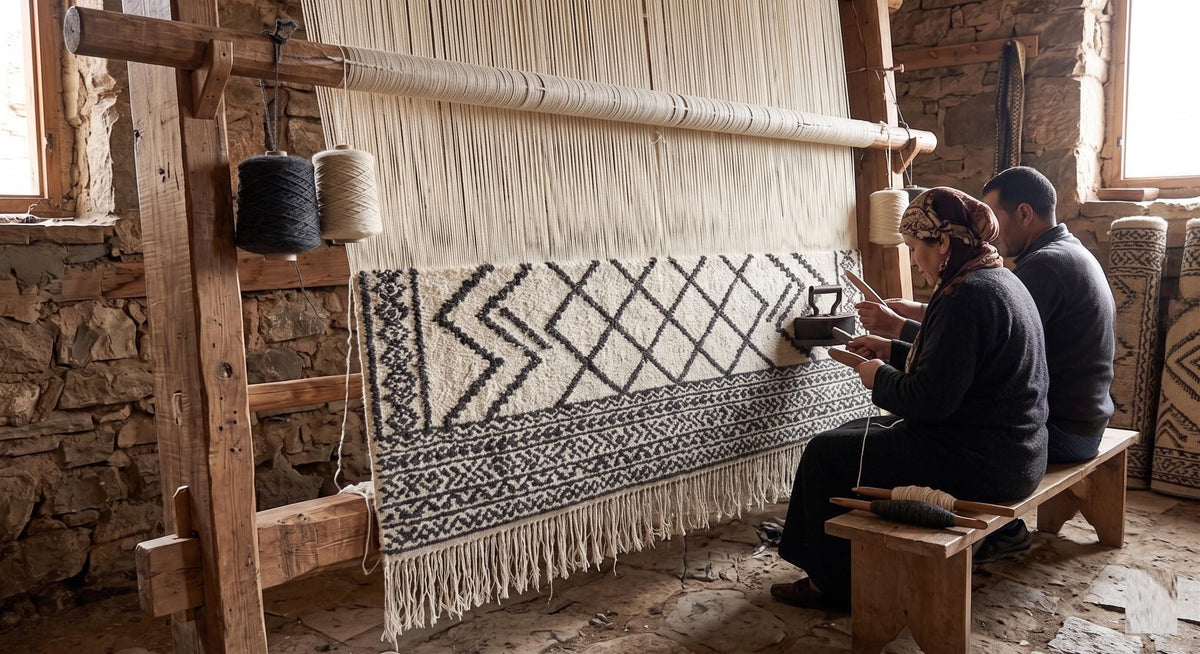 Hand Knotted Wool Area Rug – Black & Cream Fringed Farmhouse Style | Free Doorstep Delivery to USA (Made to Order)