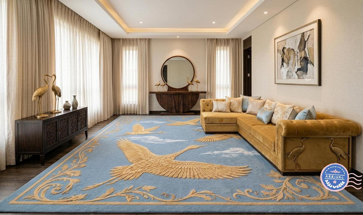 Blue Chinoiserie Rug, Hand-Tufted Wool With Golden Cranes, Plush High Pile Decor | 100% New Zealand Wool | Made to Order