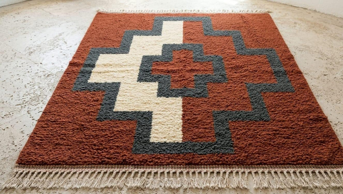 Hand Knotted Wool Area Rug – Rust & Cream Geometric Cross Motif | Free Doorstep Delivery to USA (Made to Order)
