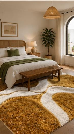 Handcrafted Wool Shag Rug – Mustard Gold Wavy Line Area Carpet | 100% Wool | Made to Order