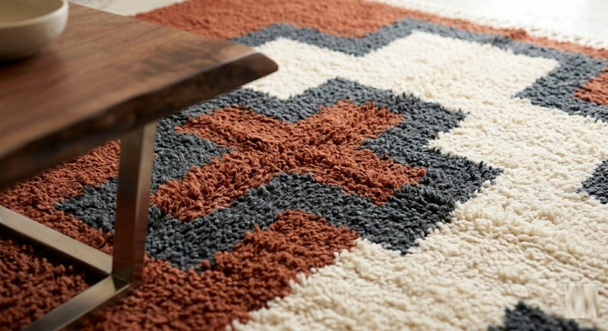 Hand Knotted Wool Area Rug – Rust & Cream Geometric Cross Motif | Free Doorstep Delivery to USA (Made to Order)