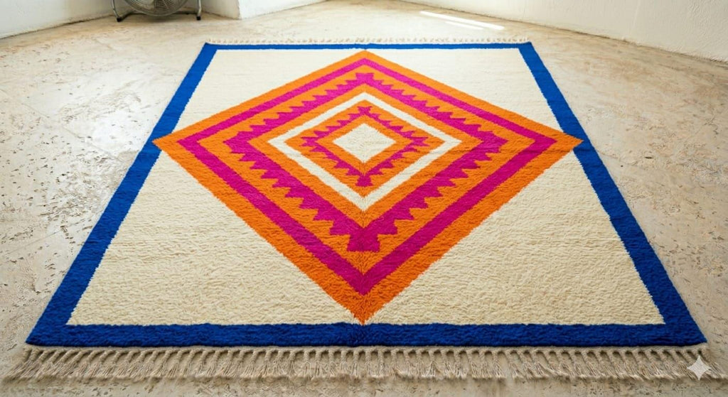 Hand Knotted Wool Area Rug – Vibrant Blue, Orange & Pink Geometric Diamond | Free Doorstep Delivery to USA (Made to Order)