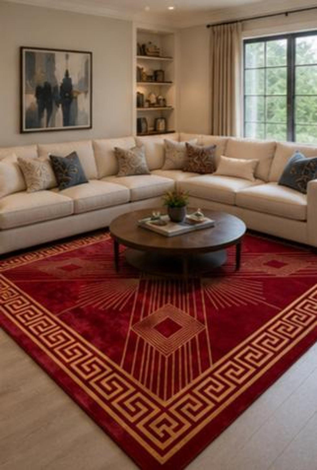 Red Geometric Area Rug, Art Deco Crimson and Gold Decor, Hand-Tufted Wool with Greek Key Border | 100% New Zealand Wool | Made to Order