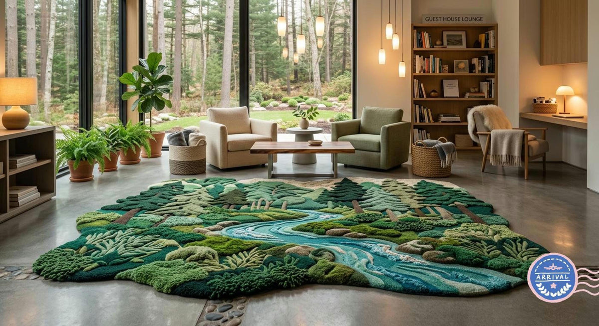 3D Landscape Rug, Mossy River Carpet for Nature Lovers, Handmade Wool Woodland Decor | Made to Order