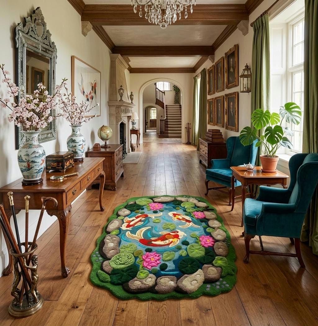 Hand-Carved Wool Koi Fish Pond Rug – Zen Garden Lotus Landscape Carpet | Made to Order