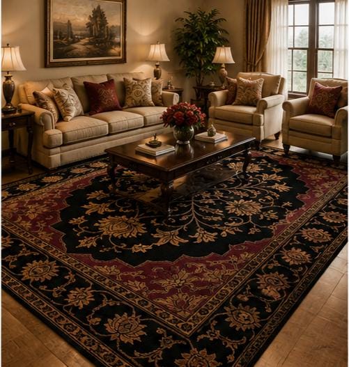 Hand Knotted Wool Area Rug – Black & Gold Persian Style Oriental | Free Doorstep Delivery to USA (Made to Order)