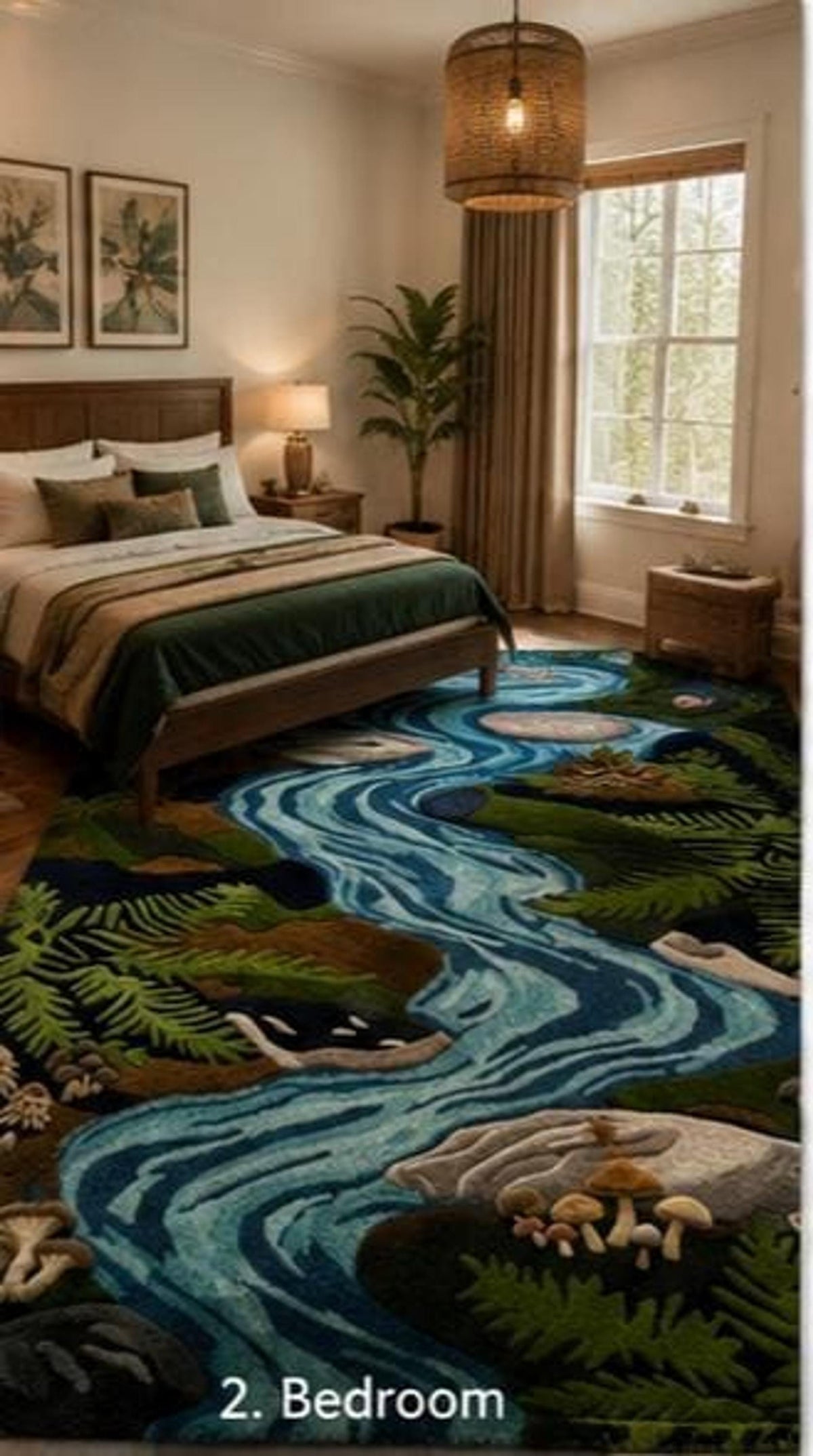 3D River Area Rug, Handmade Wool Pile with Sculpted Boulders, Mushroom and Fern Woodland Decor | Made to Order