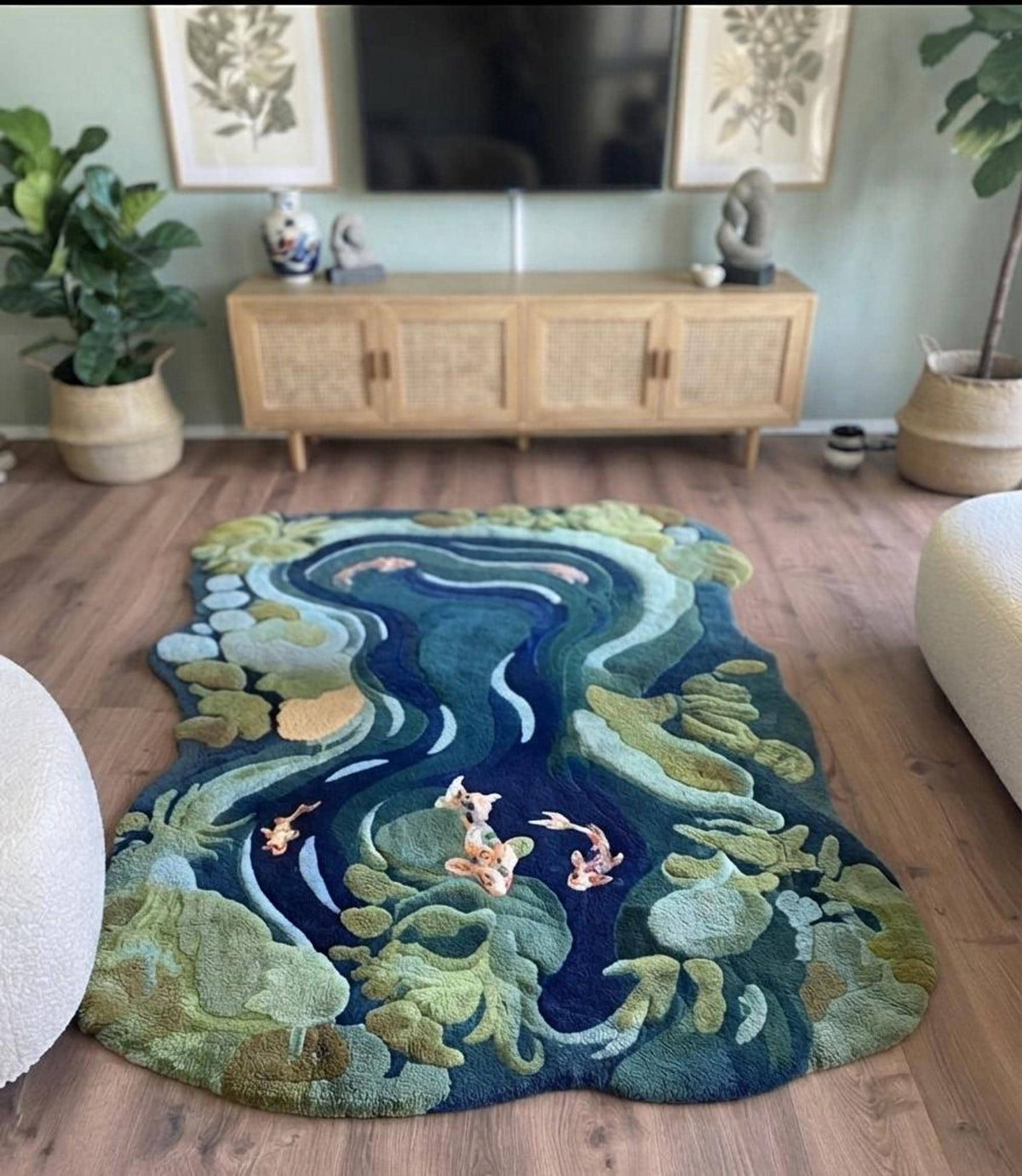 Koi Pond Rug, Sculpted Floor Art for Zen Spaces, Custom Wool Carpet | Made to Order