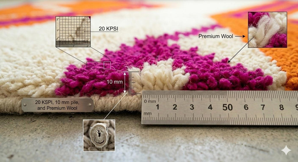 Hand Knotted Wool Area Rug – Vibrant Blue, Orange & Pink Geometric Diamond | Free Doorstep Delivery to USA (Made to Order)