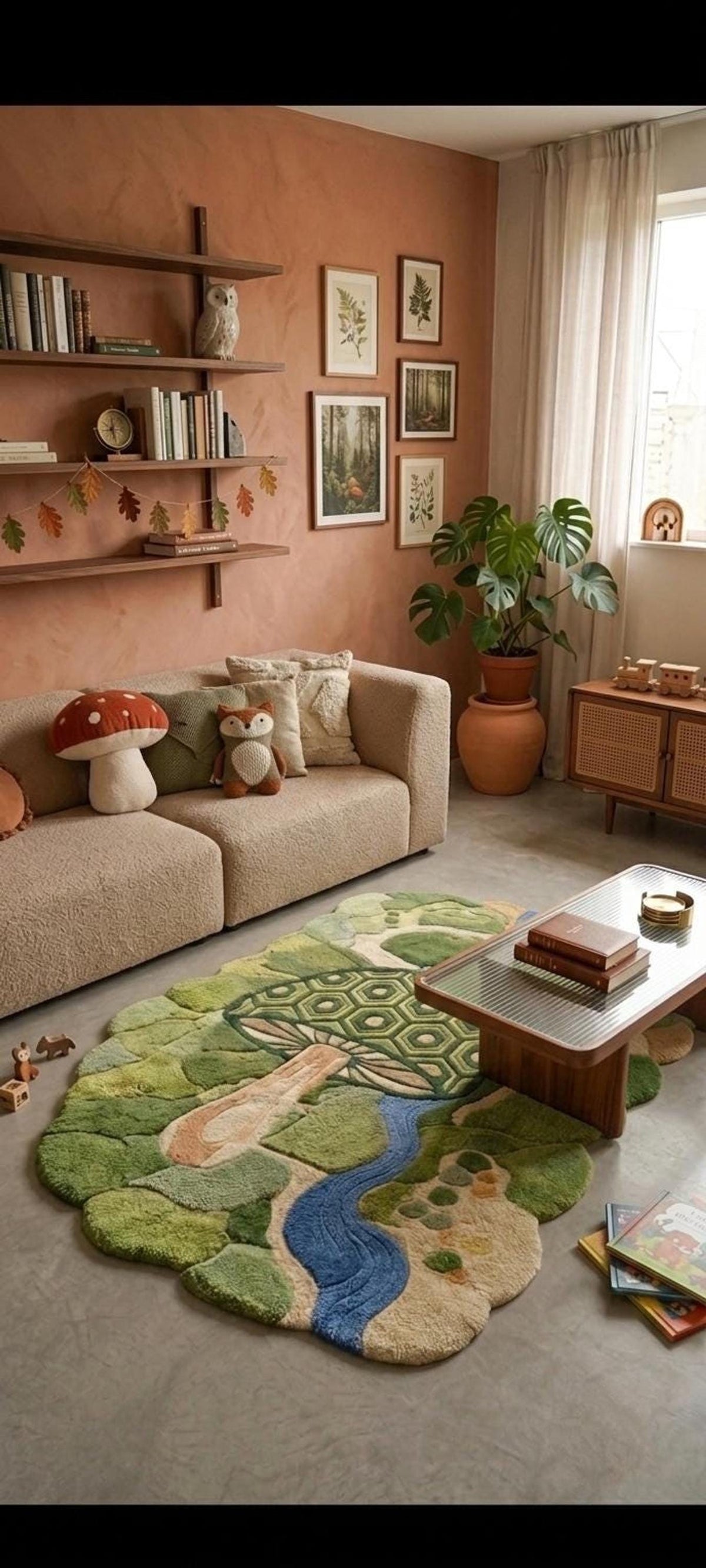 3D Mushroom Area Rug, Fairy Woodland Kids Room Decor, Carved Turtle River Scene | 100% New Zealand Wool | Made to Order