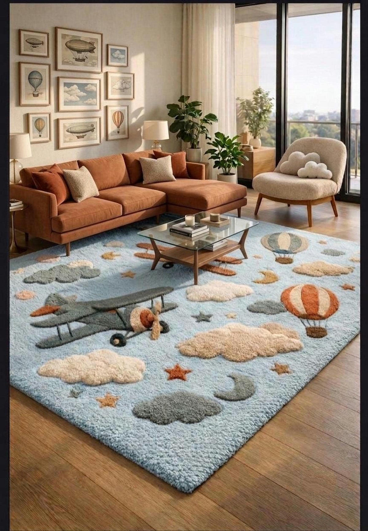 Airplane Nursery Rug, Kids Sky Adventure Room Decor, Handmade Wool Tufted Mat | Made to Order