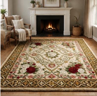 Luxury 3D Sculpted French Rose Medallion Hand-Tufted Rug – Red & White Floral Aubusson Carpet | Made to Order