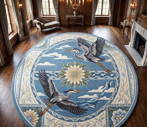 Flying Herons Baroque Border Rug – Ochre Gold & Slate Blue | 100% New Zealand Wool | Made to Order