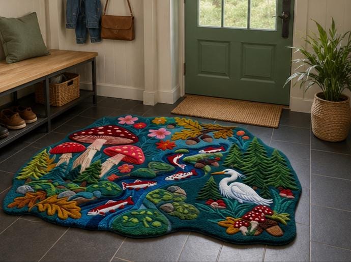 Enchanted 3D Sculpted Forest Stream & Mushroom Hand-Tufted Rug | 100% New Zealand Wool | Made to Order