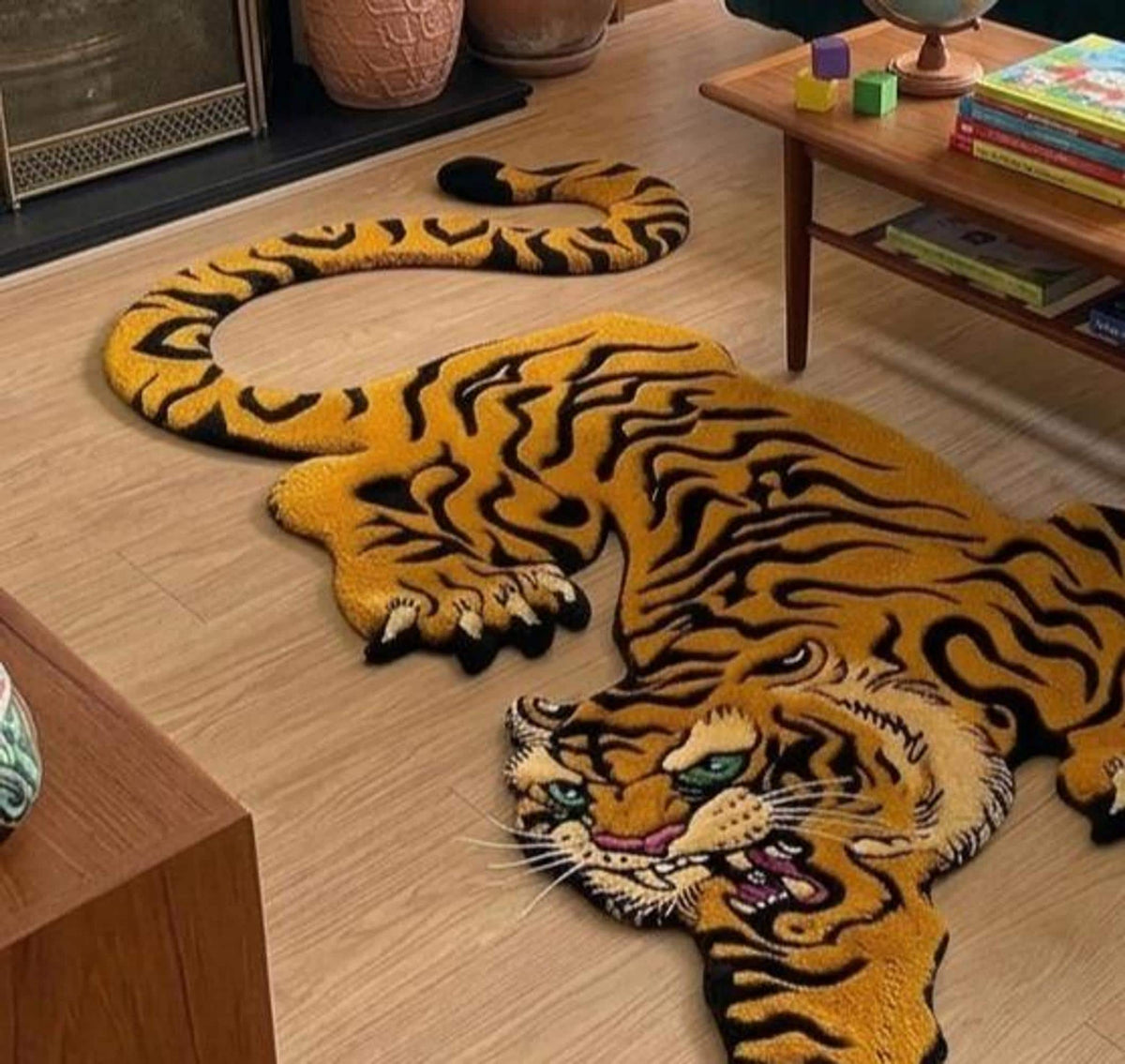 Tibetan Tiger Rug, Mustard Gold Crouching Silhouette, Hand-Made Wool Floor Art | Made to Order