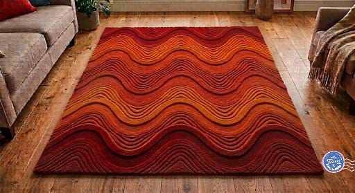 Handcrafted in India 3D Wavy Wool Rug - Sculpted Rust Orange Sunset Gradient Area Carpet, Retro 70s Groovy Mid-Century Modern Irregular | Made to Order