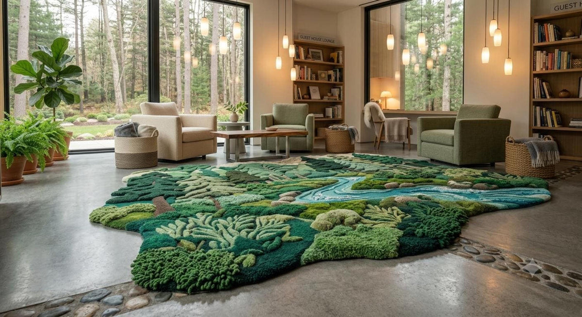 3D Landscape Rug, Mossy River Carpet for Nature Lovers, Handmade Wool Woodland Decor | Made to Order