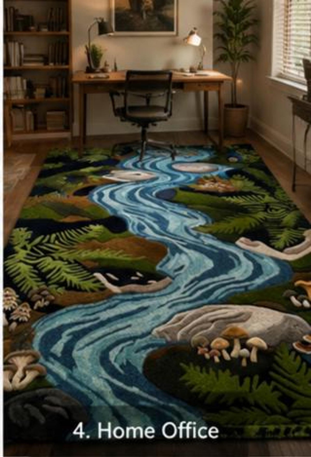 3D River Area Rug, Handmade Wool Pile with Sculpted Boulders, Mushroom and Fern Woodland Decor | Made to Order