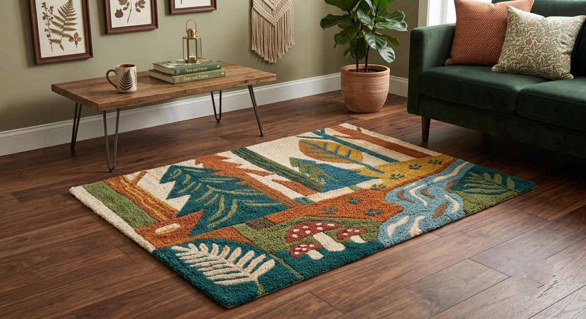 Forest Landscape Area Rug, 3D Leaf Pattern for Woodland Decor, Hand-Tufted Mat | 100% New Zealand Wool | Made to Order