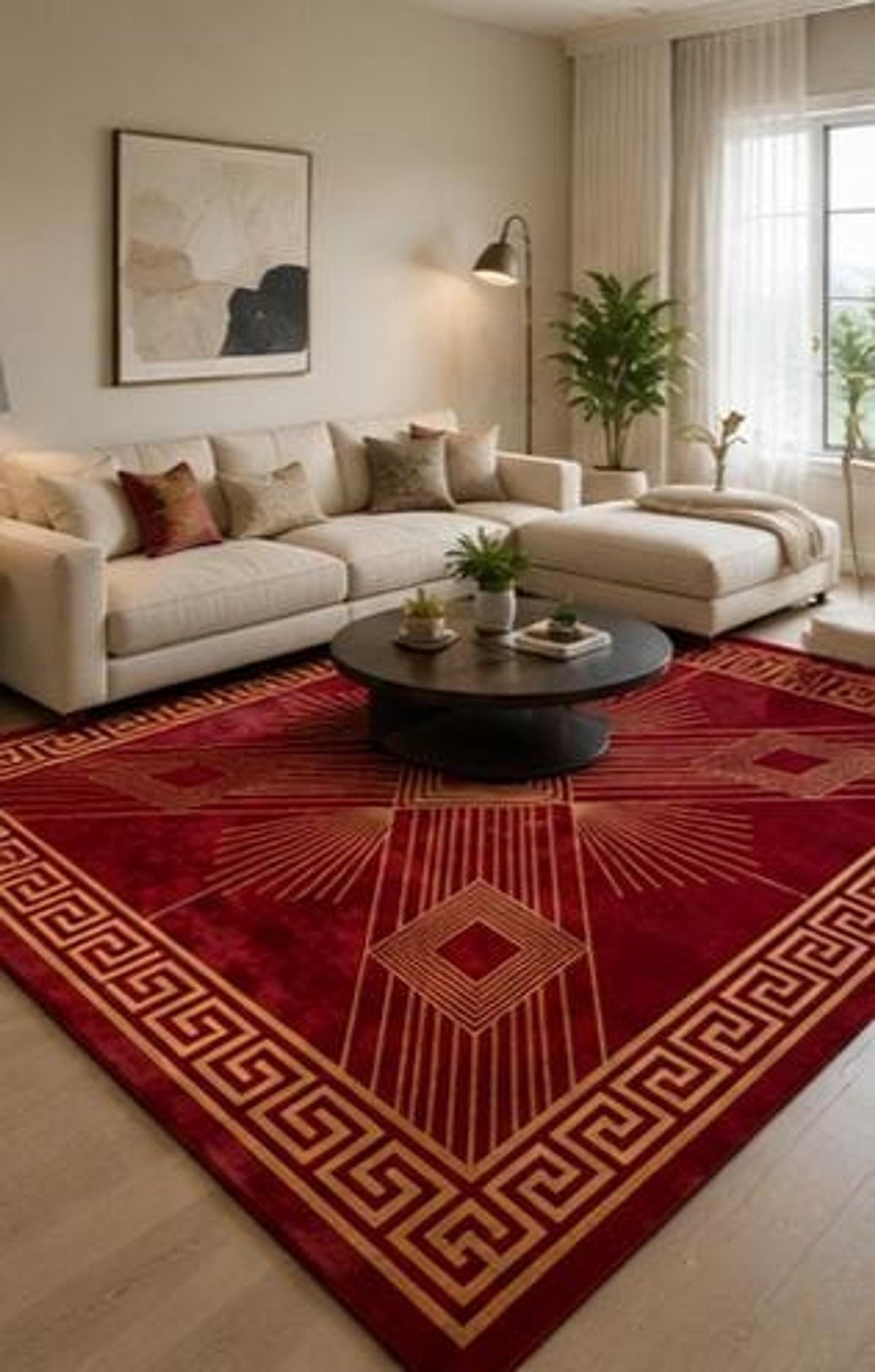 Red Geometric Area Rug, Art Deco Crimson and Gold Decor, Hand-Tufted Wool with Greek Key Border | 100% New Zealand Wool | Made to Order