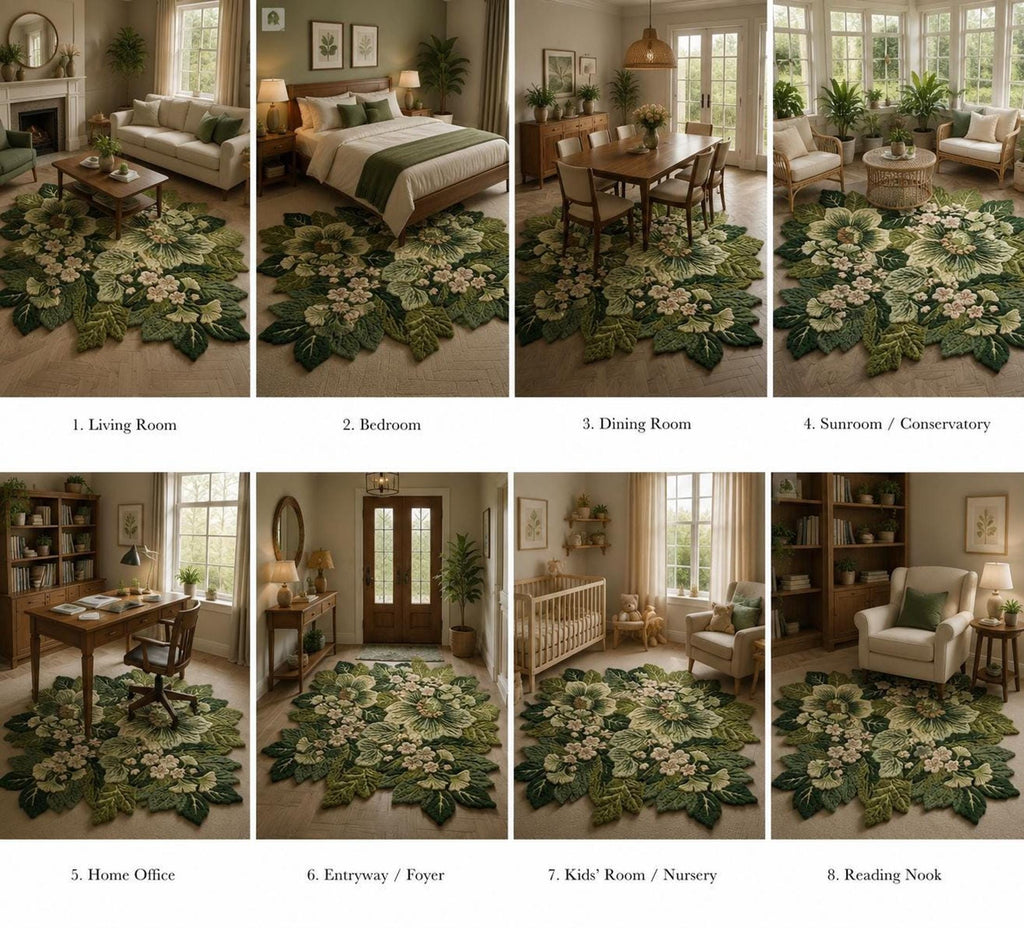 Carved Leaf Carpet, Hand-Made Wool Rug for Bedroom, Green Botanical Decor | Made to Order