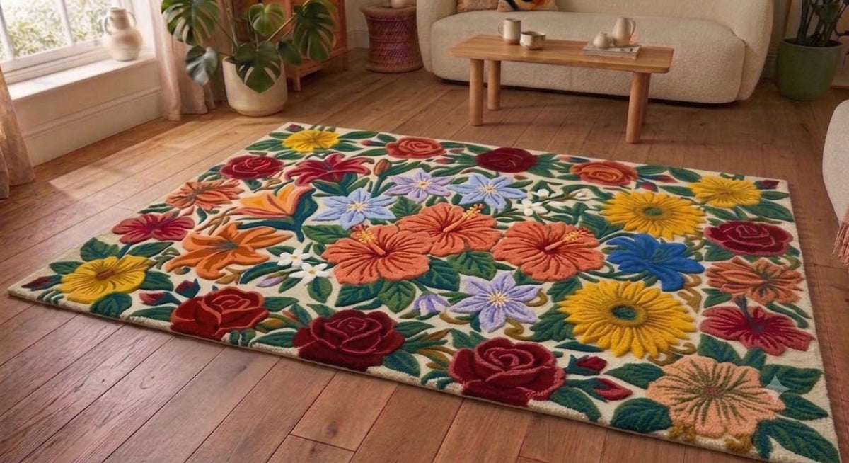 Vibrant 3D Sculpted Tropical Floral Garden Hand-Tufted Rug | Made to Order