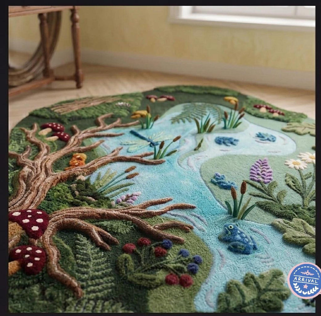 Woodland Nursery Rug, Hand-Carved Wool Forest Pond, Irregular Shape Mat for Kids | Made to Order