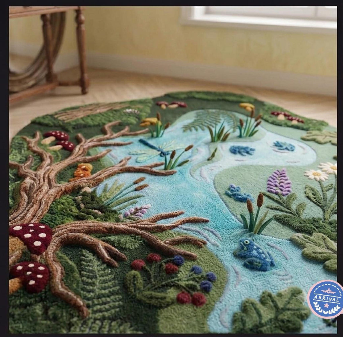 Woodland Nursery Rug, Hand-Carved Wool Forest Pond, Irregular Shape Mat for Kids | Made to Order
