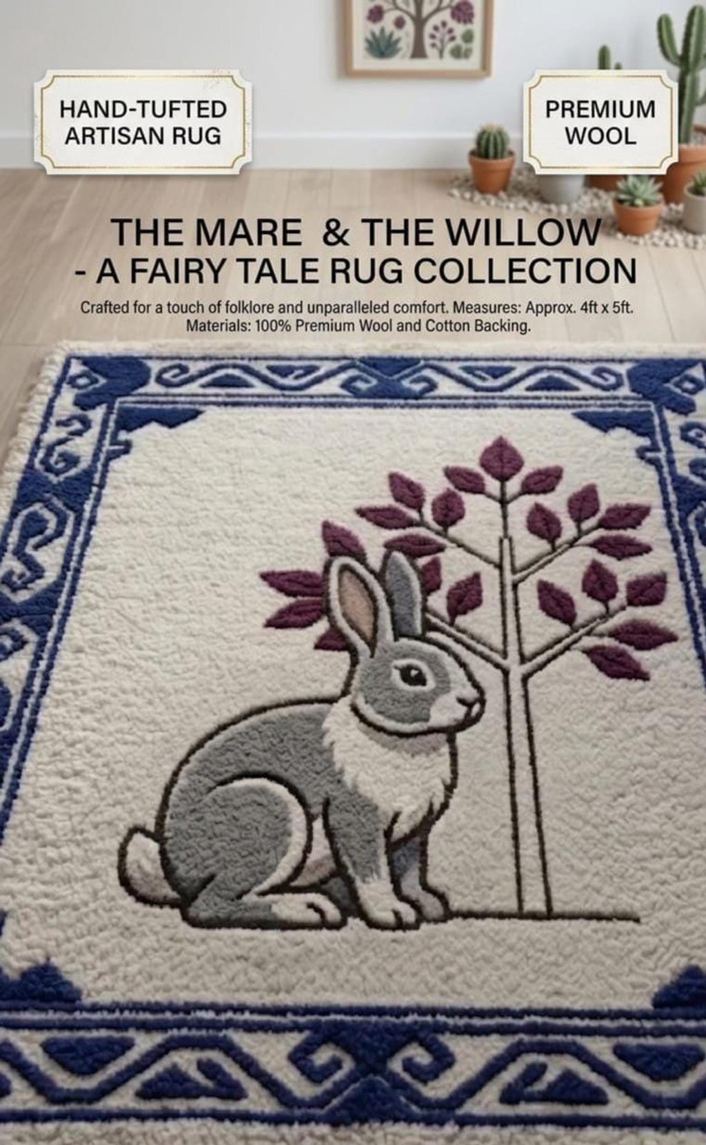 Hand-Tufted Rabbit Wool Rug | Blue Willow Fairy Tale Nursery Carpet | Made to Order